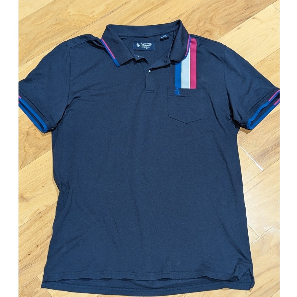 Original Penguin Mens Navy Blue Stripe Pocket Polo Shirt Size Large L